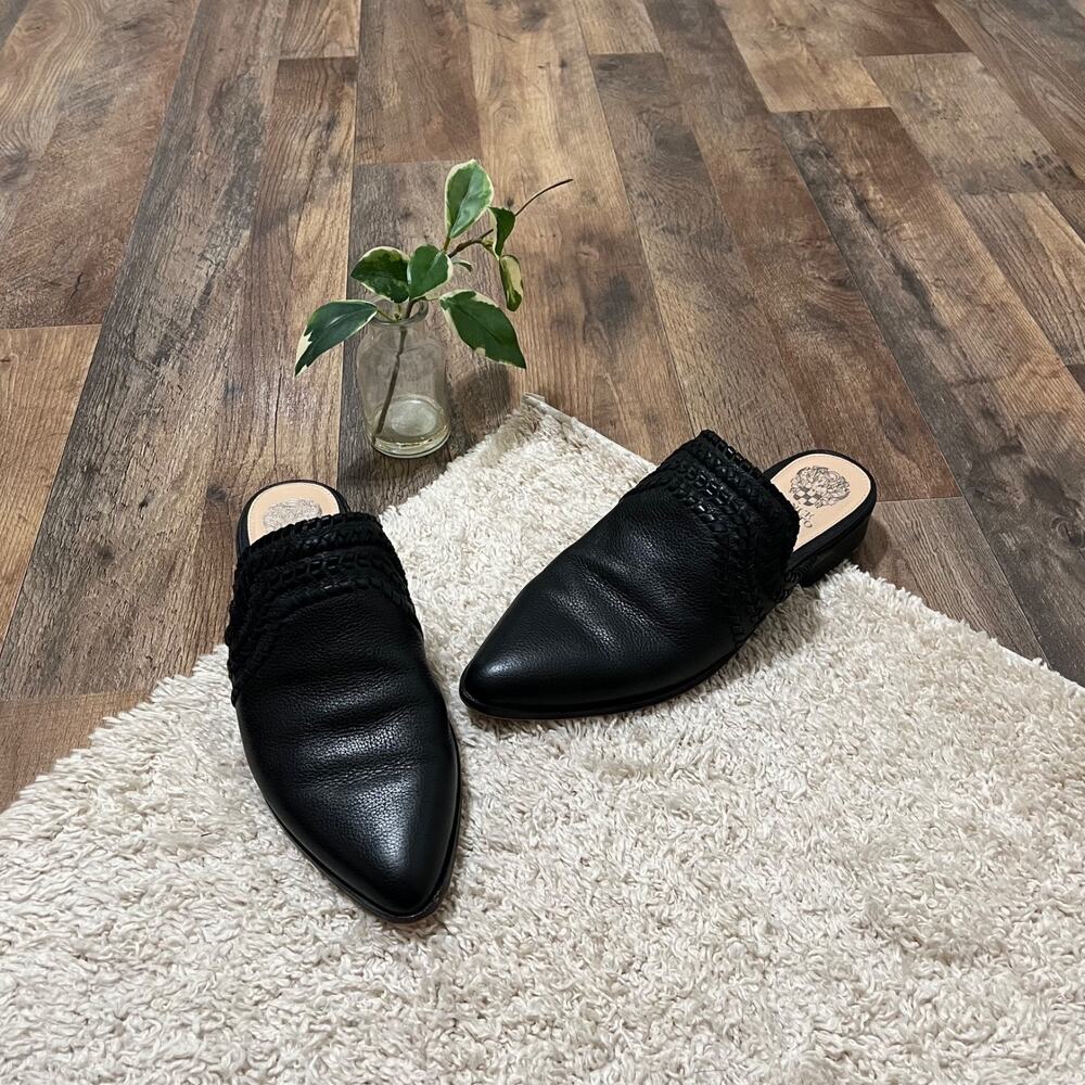 Vince Camuto Size 11 M Black Leather Point Toe Sona Slip-On Mule Shoes